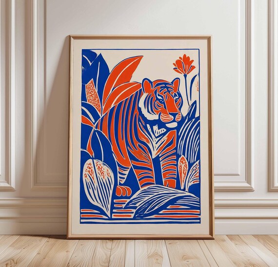 Bold Tiger Jungle Poster Blue And Orange Wall Art Print Tropical Animal Decor Graphic Illustration Modern Safari Artwork