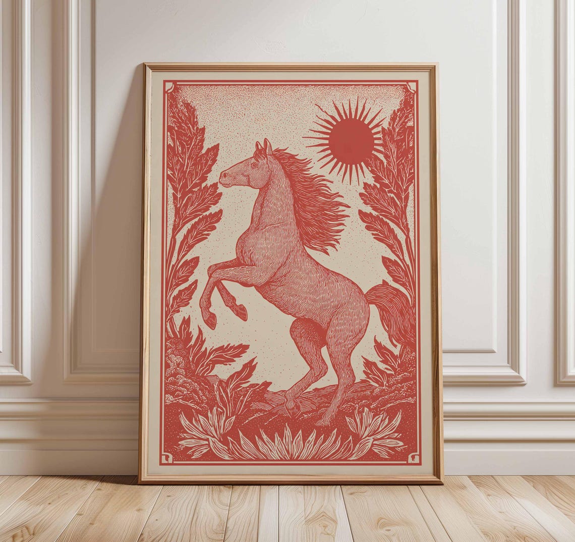 Rearing Horse Red Woodblock Sun Monochrome Vintage Equine Art Print