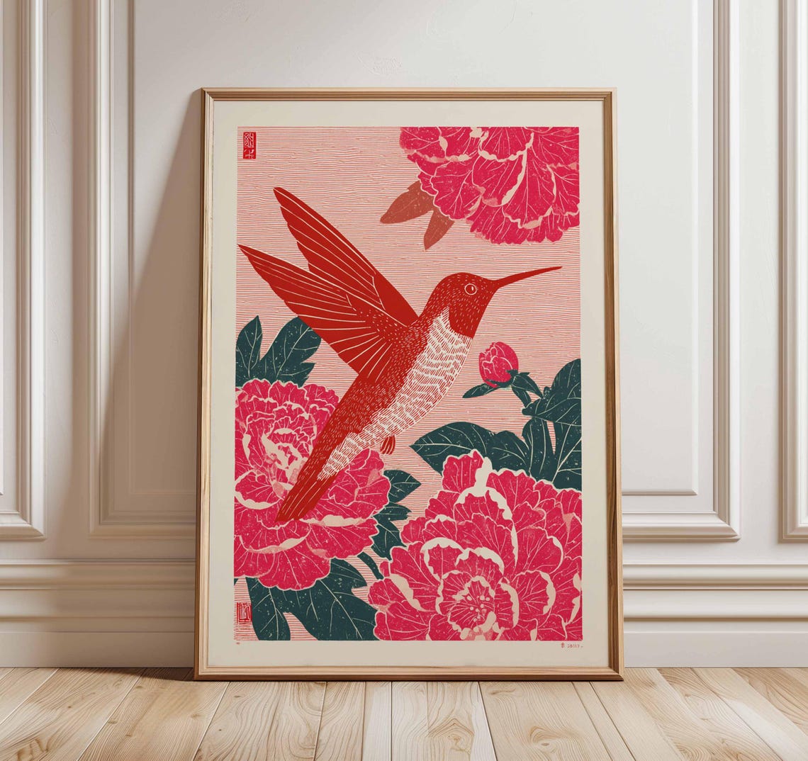 Red Hummingbird Japanese Style Poster Peony Botanical Bird Art