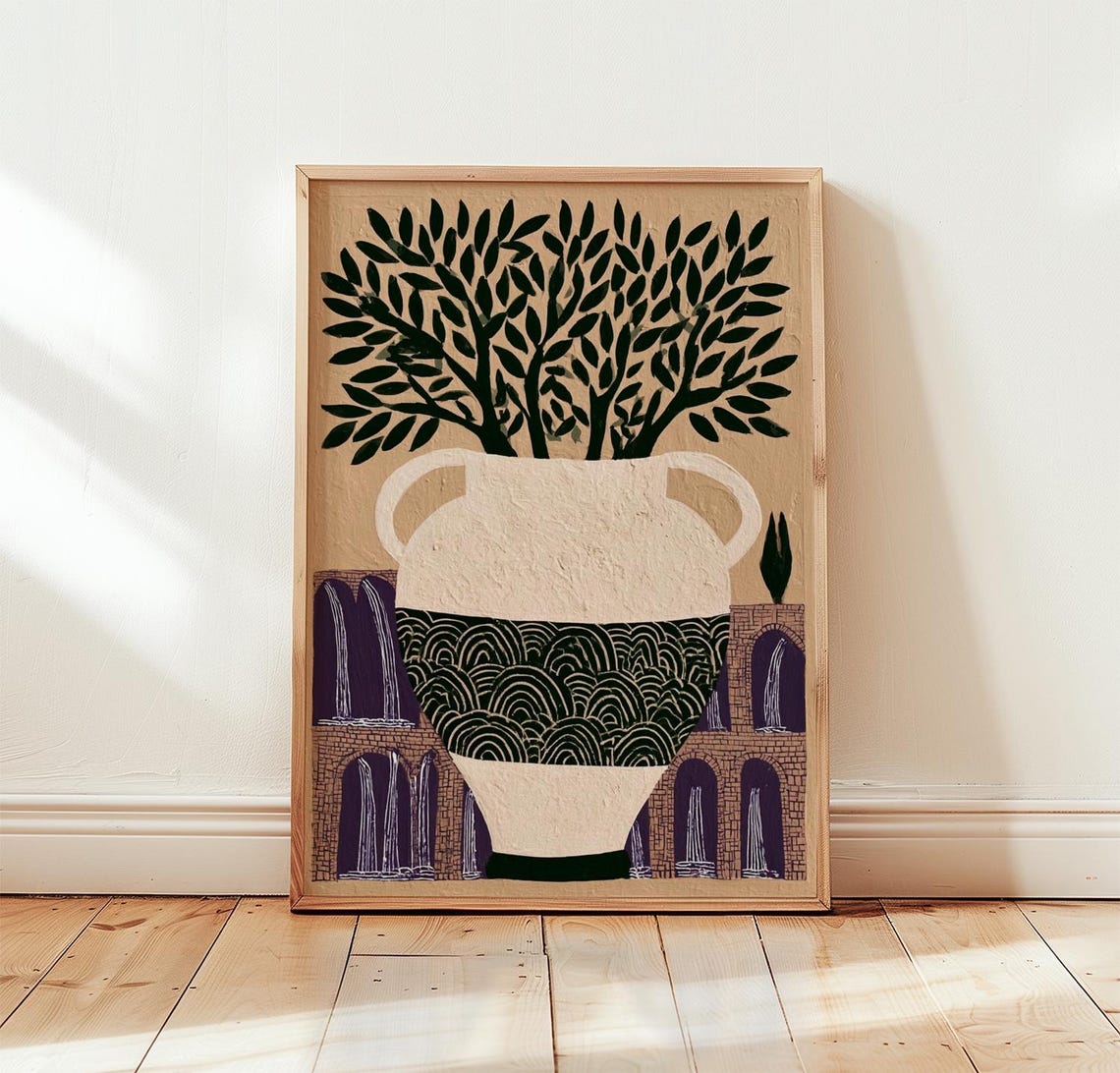 Mediterranean Olive Tree Poster Folk Botanical Art Paper Print
