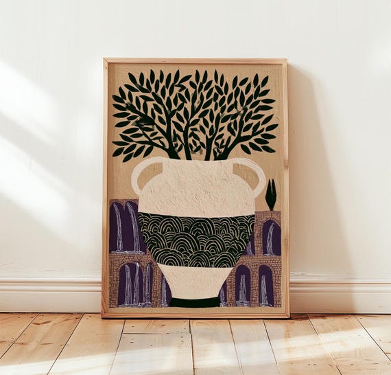 Mediterranean Olive Tree Poster Folk Botanical Art Paper Print