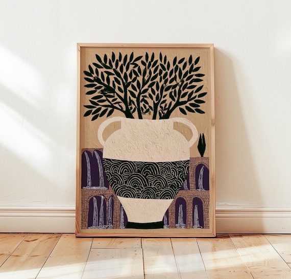 Mediterranean Olive Tree White Urn Folk Botanical Art Poster