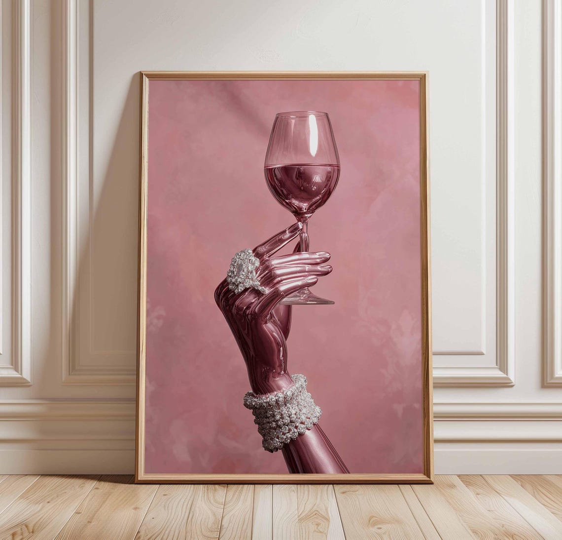Pink Chrome Hand with Diamond Jewelry Holding Wine Glass Poster