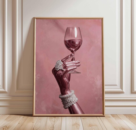 Pink Chrome Hand with Diamond Jewelry Holding Wine Glass Poster