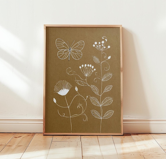 Butterfly Botanical Print Minimal Nature Wall Art Beige Poster
