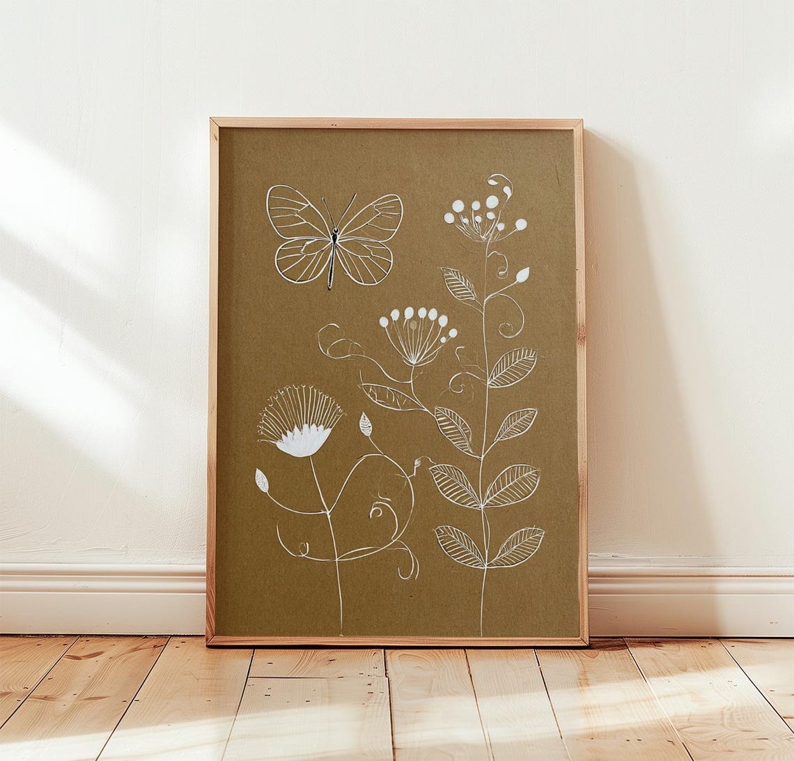 Butterfly Botanical Print Minimal Nature Wall Art Beige Poster