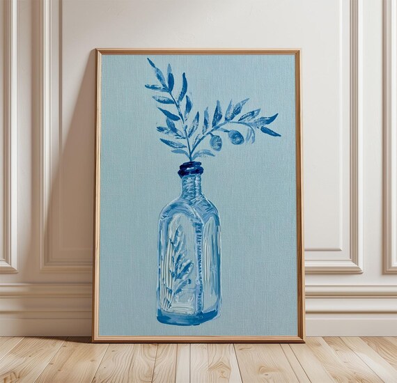Blue Bottle Olive Branch Monochrome Botanical Still Life Wall Art