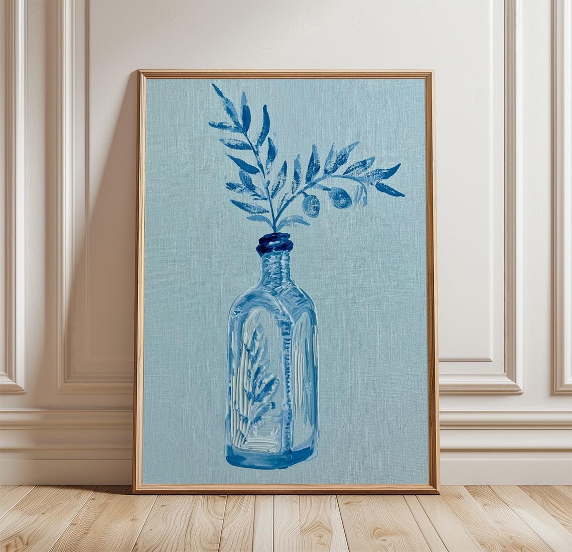 Blue Bottle Olive Branch Monochrome Botanical Still Life Wall Art