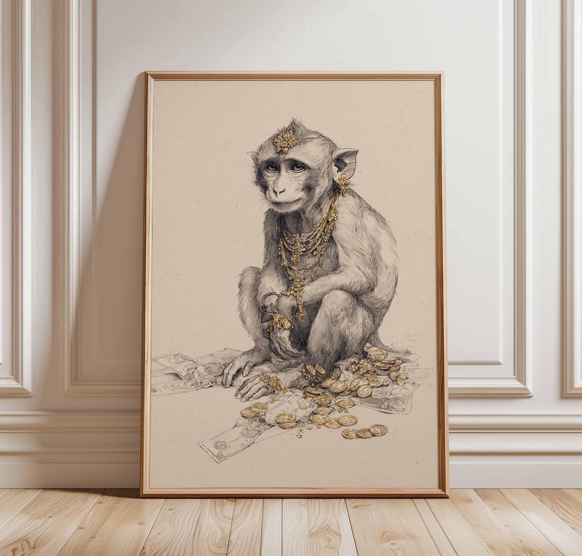 Rich Monkey with Gold Jewelry Funny Luxury Animal Sketch Wall Art