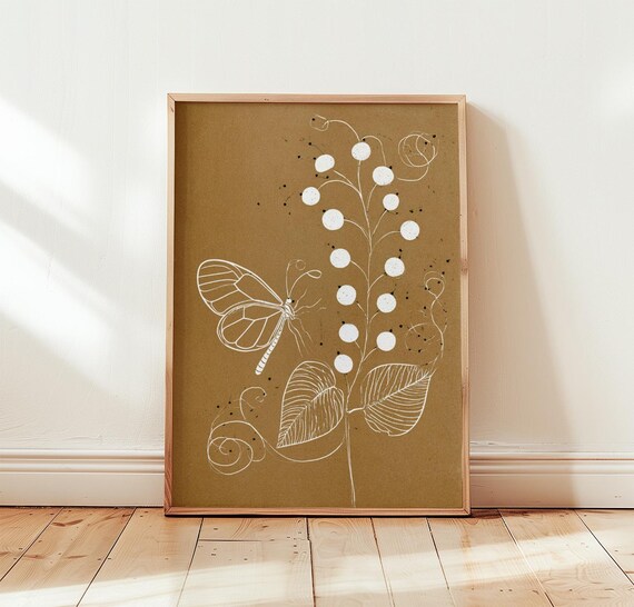 Butterfly Botanical Print Minimal Nature Wall Art Beige Poster