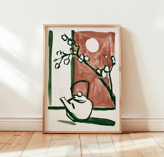 Terracotta Teapot Print Green Botanical Wall Art Minimalist Poster