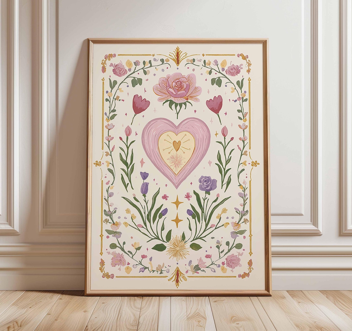 Floral Heart Poster, Vintage Botanical Art Print