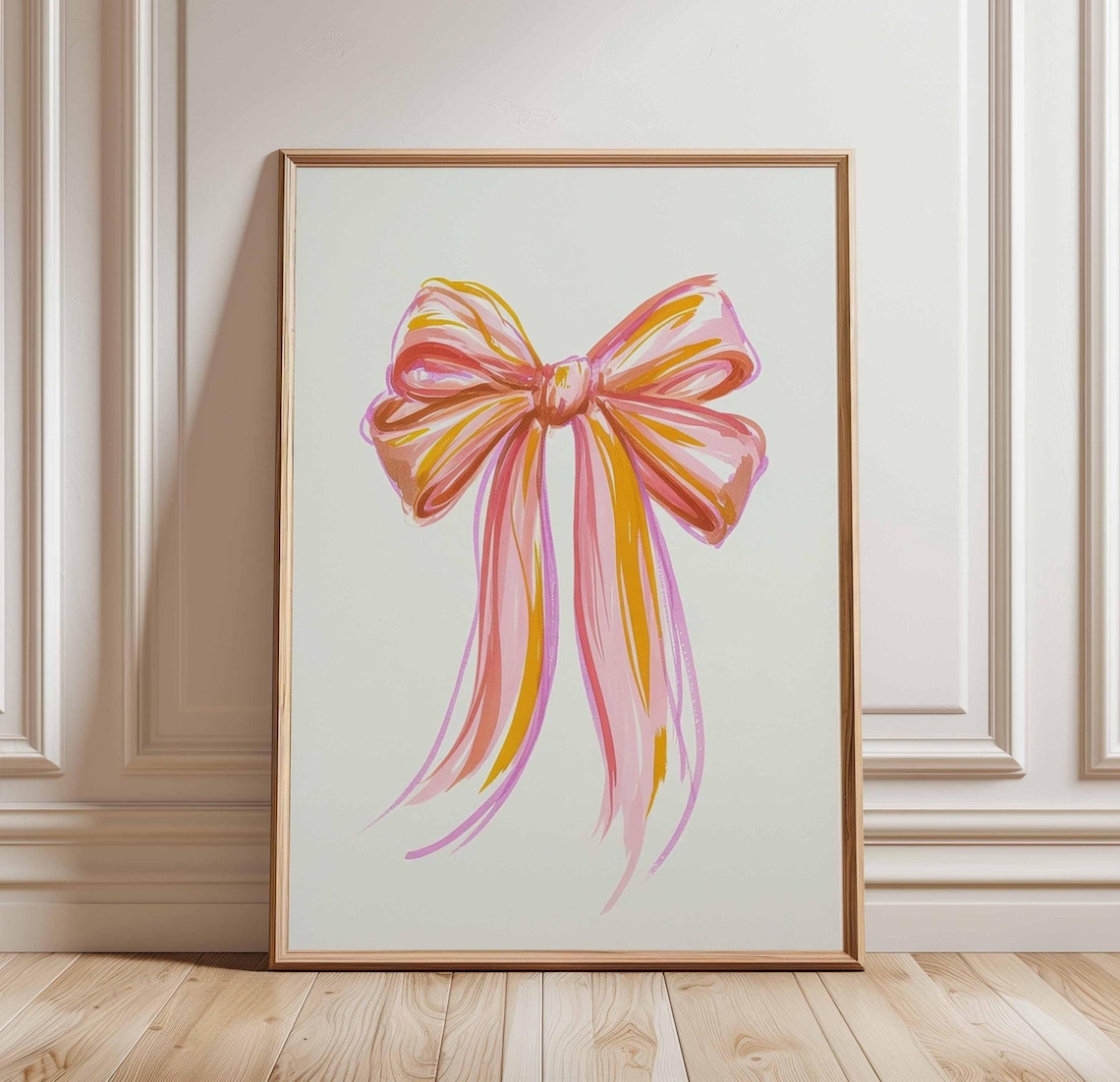 Pink Orange Bow Poster Print, Whimsical Ribbon Art