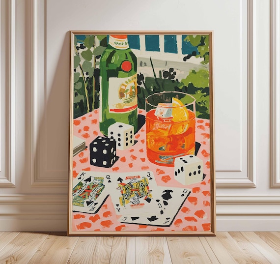 Italian Aperitivo Cocktail Still Life Cards Dice Vintage Bar Poster