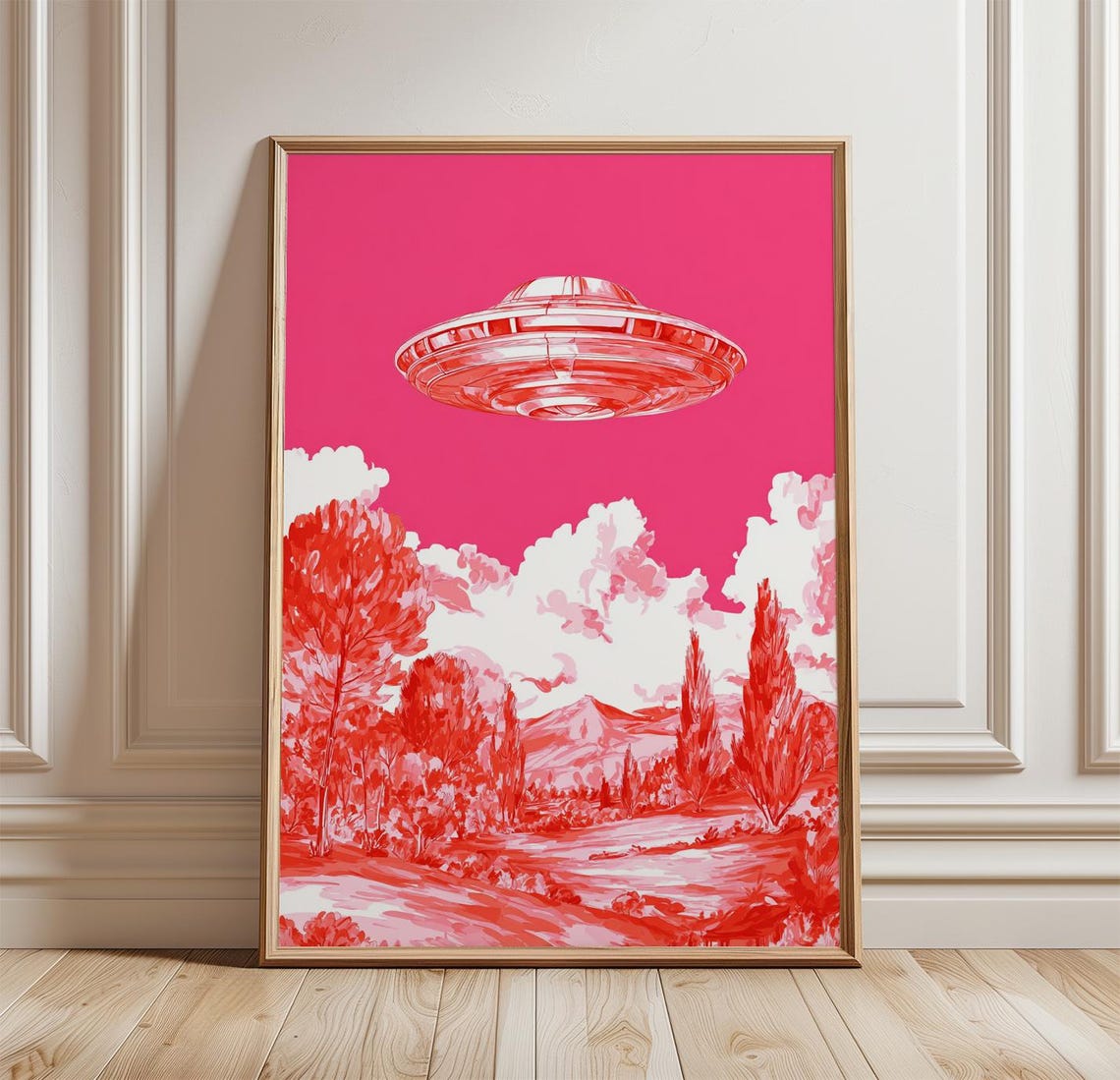 Pink UFO Flying Saucer Over Red Forest Retro Sci Fi Space Poster