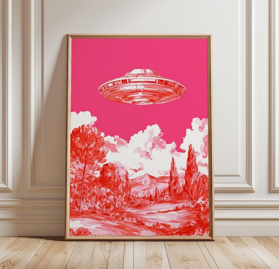 Pink UFO Flying Saucer Over Red Forest Retro Sci Fi Space Poster