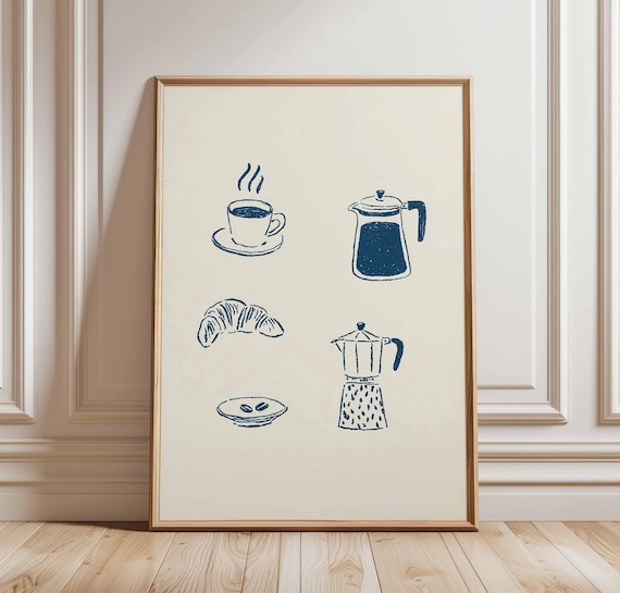 Blue Line Art Coffee Poster Minimalist Kitchen Croissant Moka Pot Decor