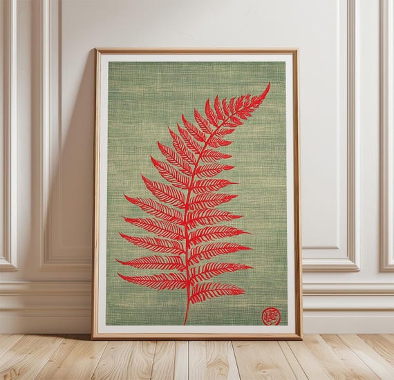 Fern Leaf Poster Botanical Wall Art Print Minimal Nature Illustration Red Decor Modern Plant Artwork