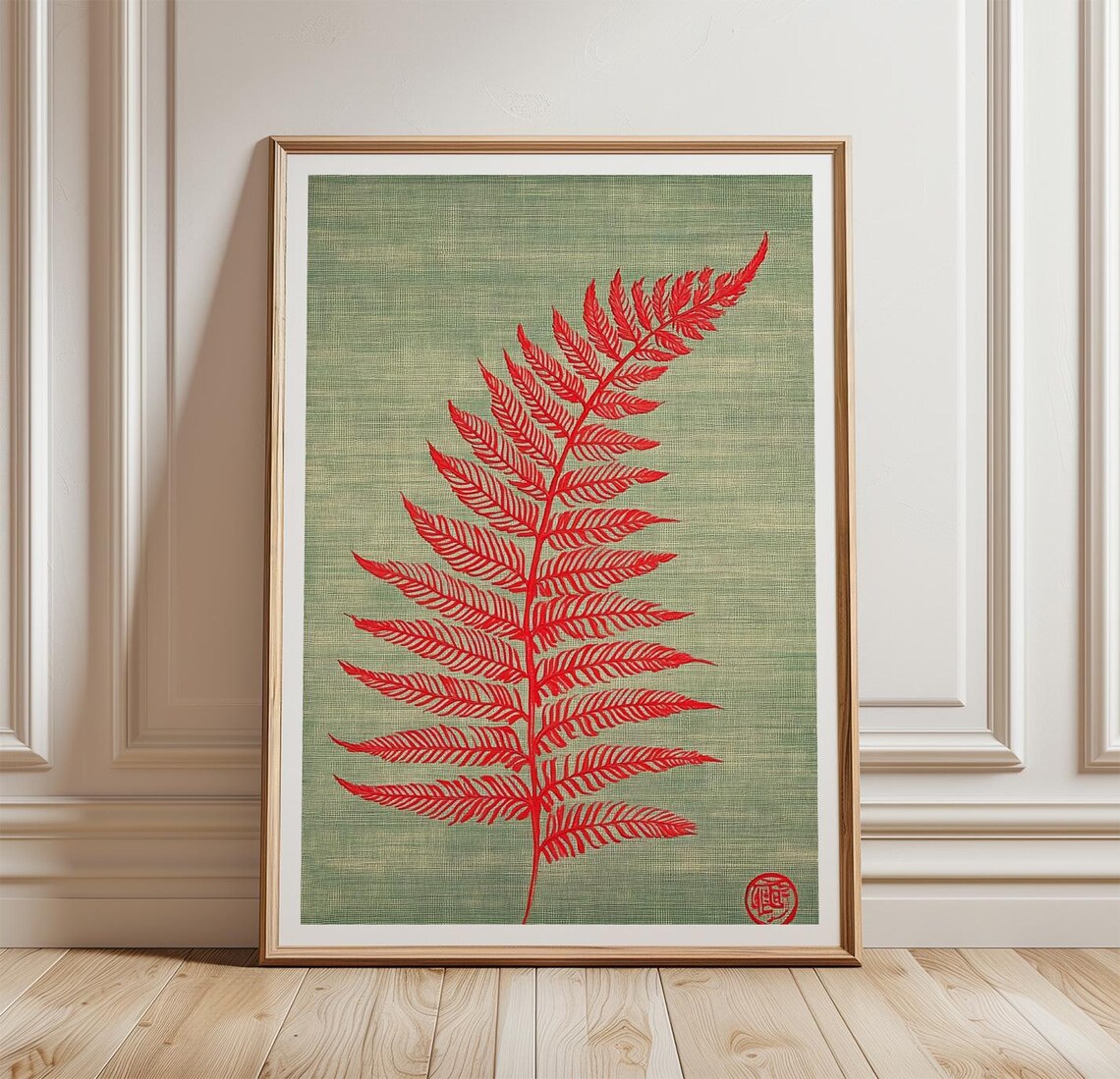 Red Fern Leaf Japanese Woodblock Style Botanical Green Nature Wall Art