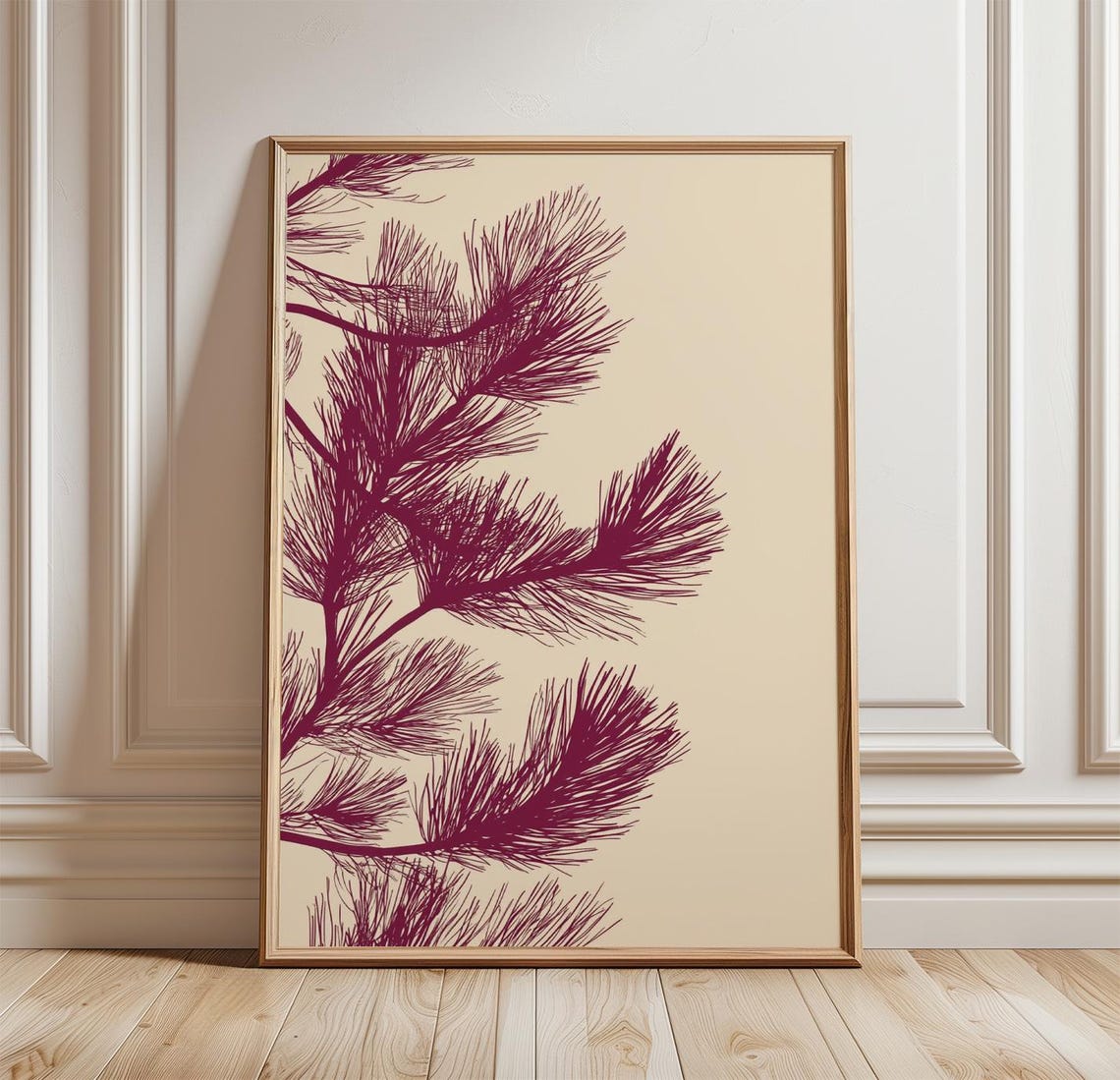 Burgundy Pine Branch Minimal Japanese Botanical Ink Art Poster