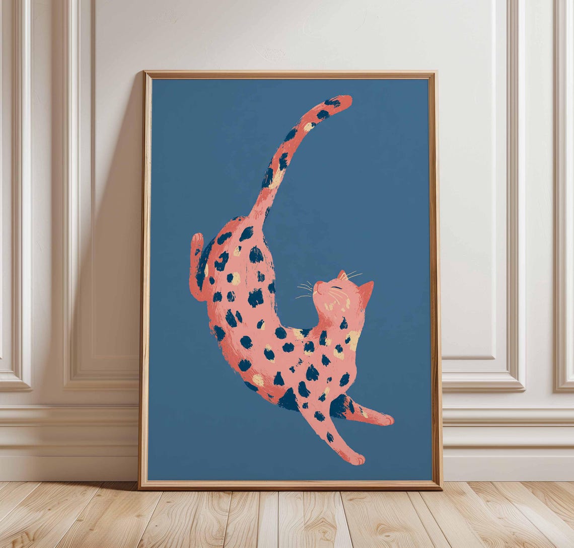 Pink Leopard Spotted Cat Poster Playful Stretch Coral Blue Feline Art