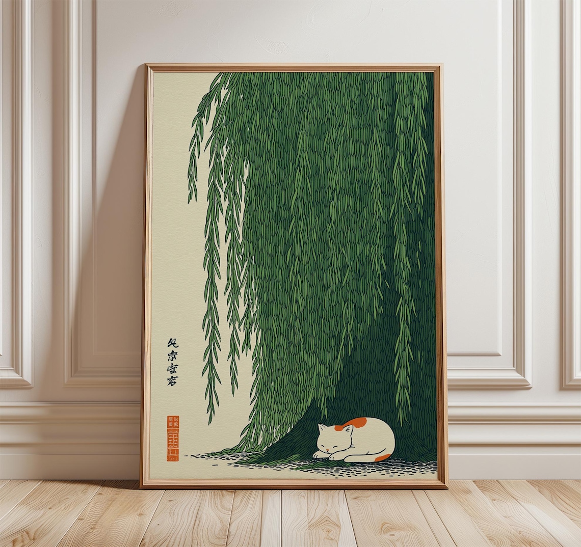 Cat Under Willow Tree Japanese Style Art Print
