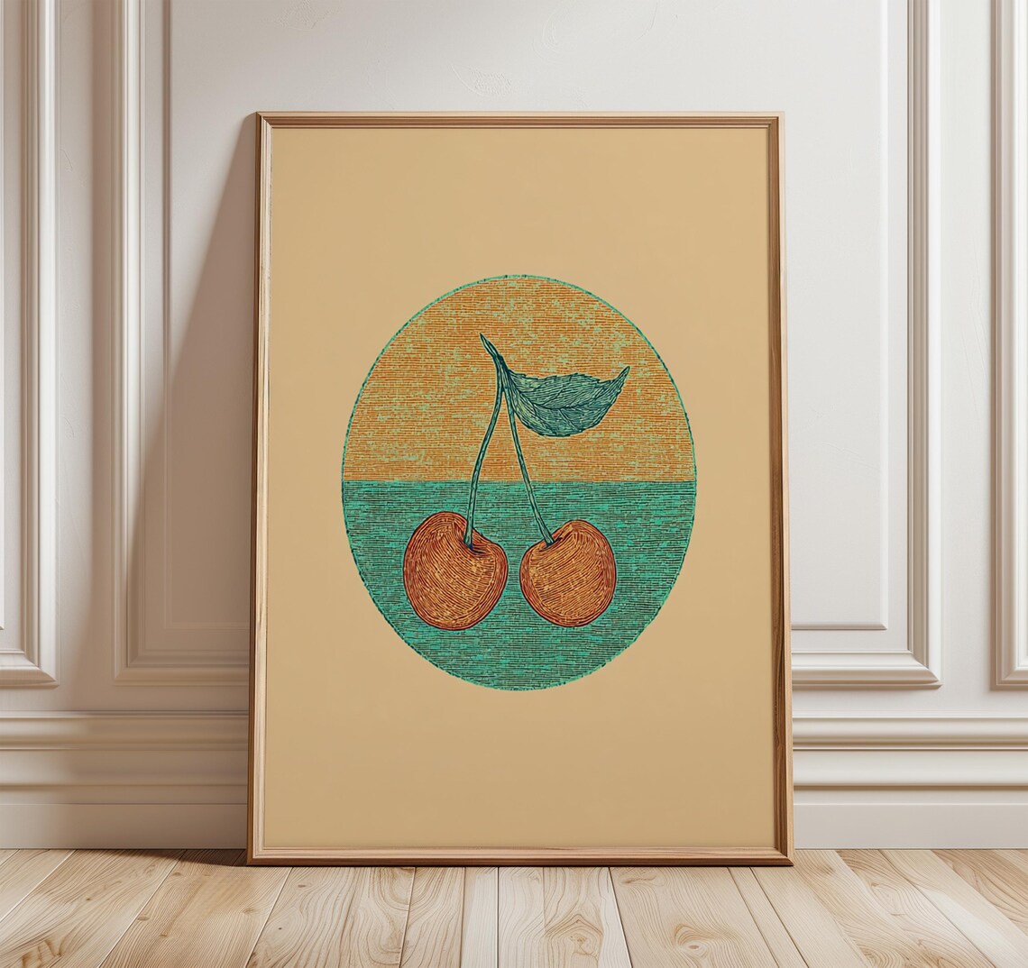 Vintage Cherry Fruit Illustration Retro Oval Mid Century Kitchen Poster