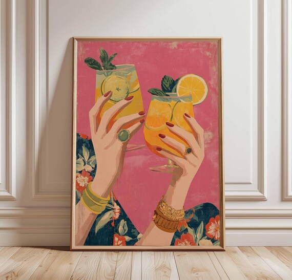 Tropical Cocktail Cheers Toast Hands Pink Summer Bar Art Poster