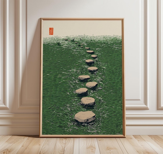 Japanese Garden Stepping Stones Green Poster Wall Art Minimal Nature Landscape Print Zen Decor Woodblock Style