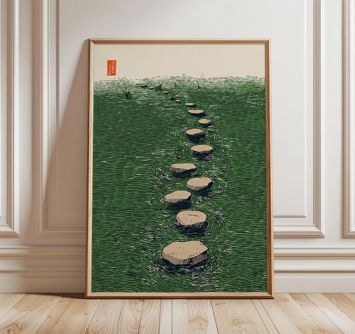 Japanese Garden Stepping Stones Green Pond Minimal Zen Nature Poster