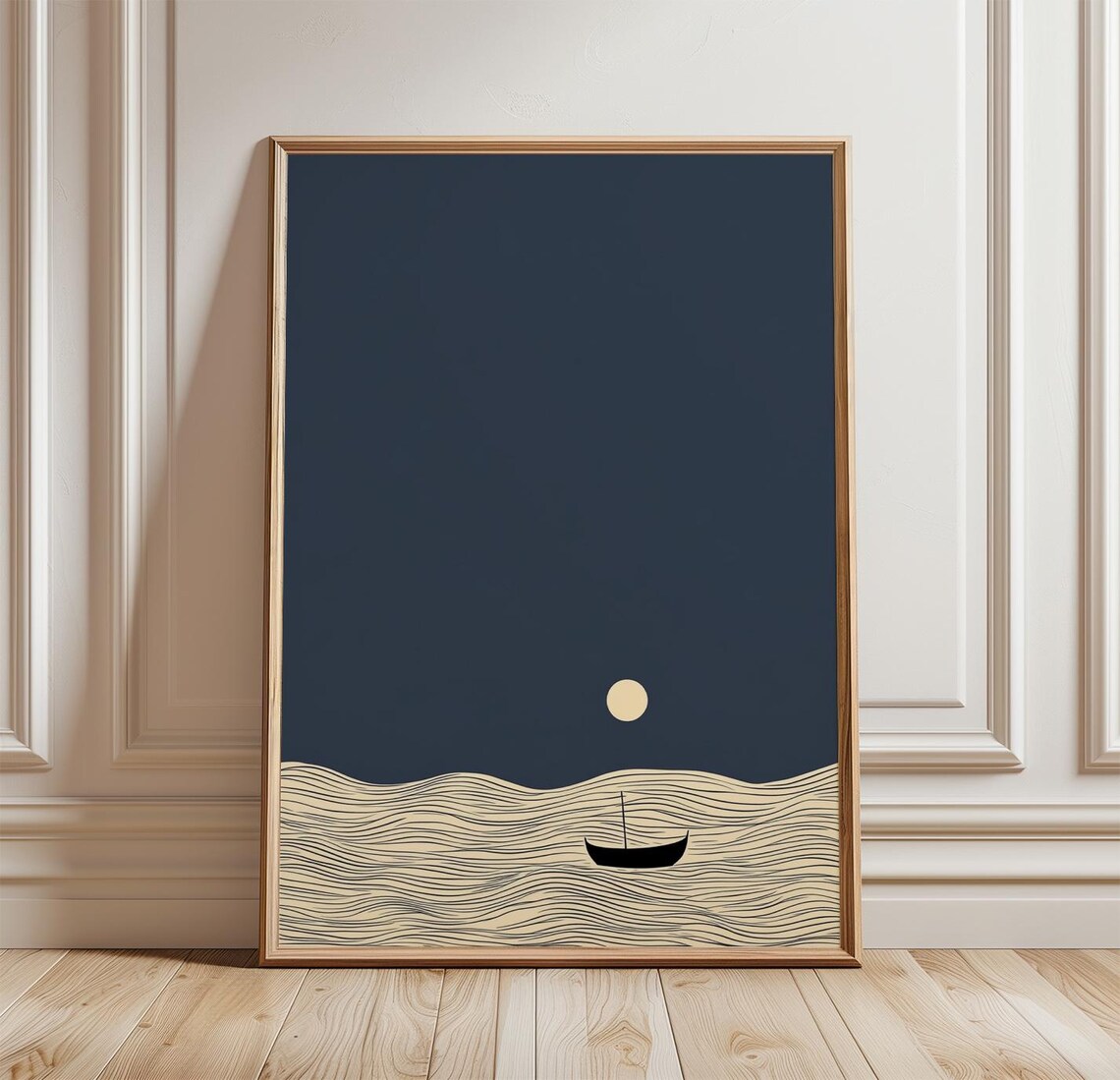 Minimal Ocean Night Poster, Moonlit Sea Boat Art Print