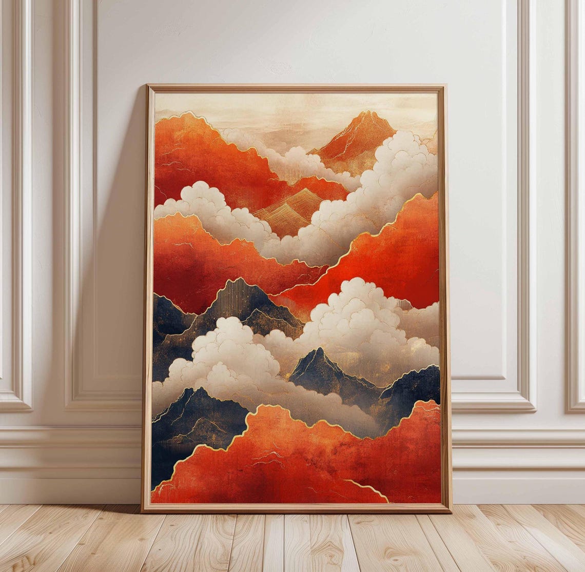 Crimson Clouds Golden Mountain Peaks Japanese Style Wall Art