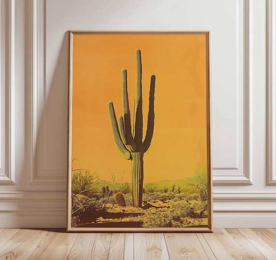 Desert Cactus Landscape Poster Southwestern Wall Art Print Saguaro Sunset Scene Bold Orange Nature Decor Unframed Boho