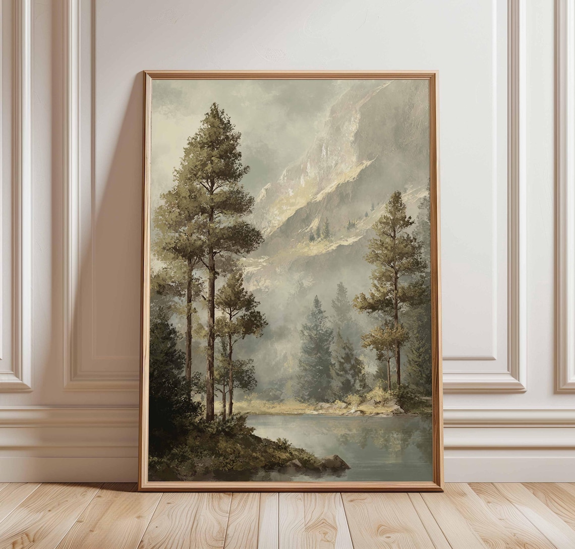 Mountain Forest Landscape Art Print, Rustic Cabin Decor