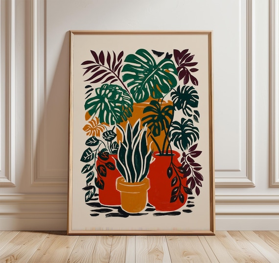 Colorful Houseplants Botanical Illustration Monstera Snake Plant Art Poster
