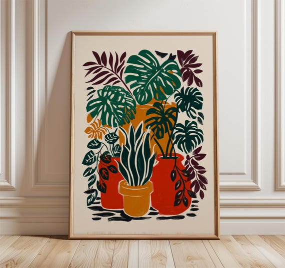 Houseplants Poster Modern Botanical Art Print Colourful Plant Wall