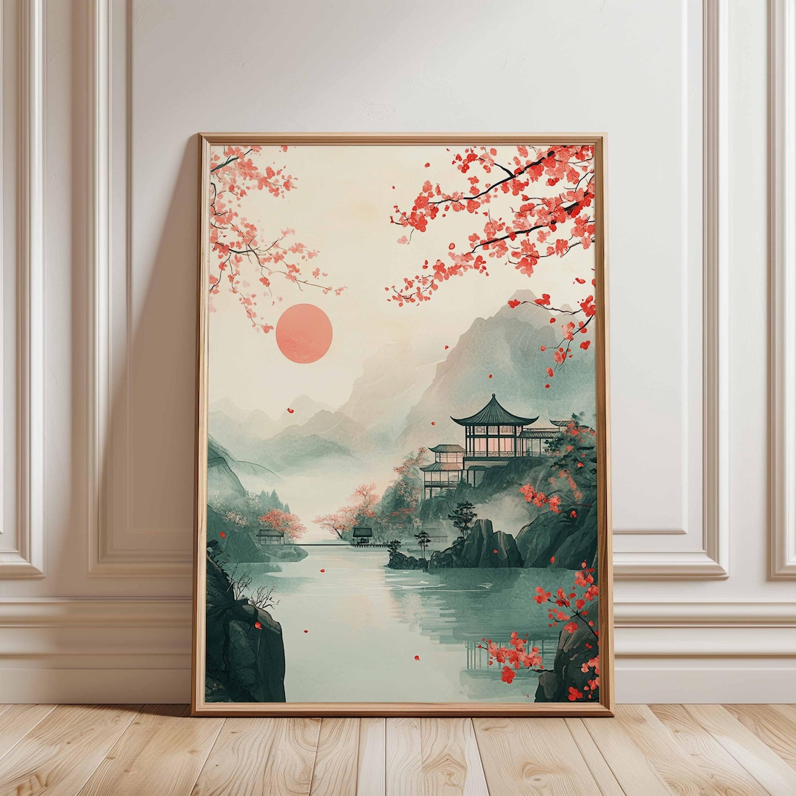 Japanese Landscape Poster, Cherry Blossom Temple