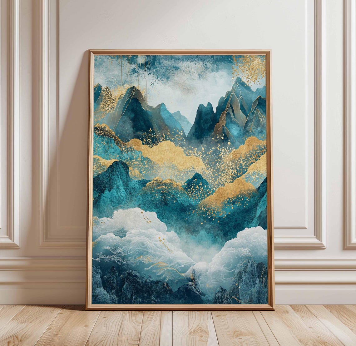 Golden Clouds Over Abstract Blue Mountain Landscape Wall Art