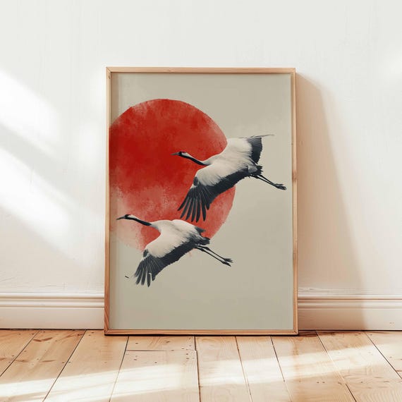 Two Japanese Cranes Flying Red Sun Minimalist Zen Nature Poster