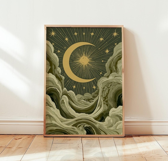 Celestial Crescent Moon Poster Vintage Sage Green Wall Art Mystical Night Sky Print