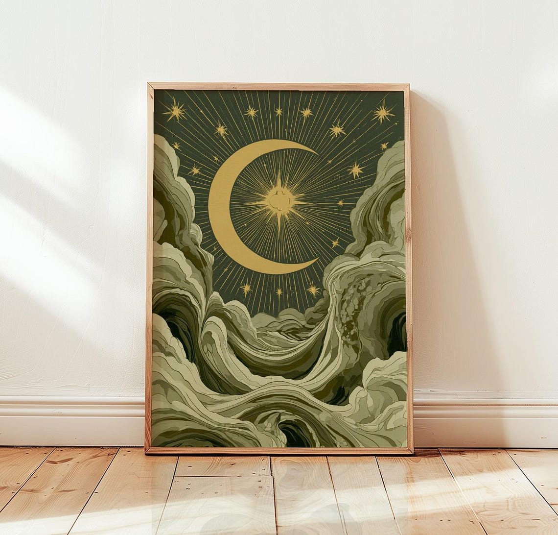 Celestial Crescent Moon Poster Vintage Sage Green Wall Art Mystical Night Sky Print