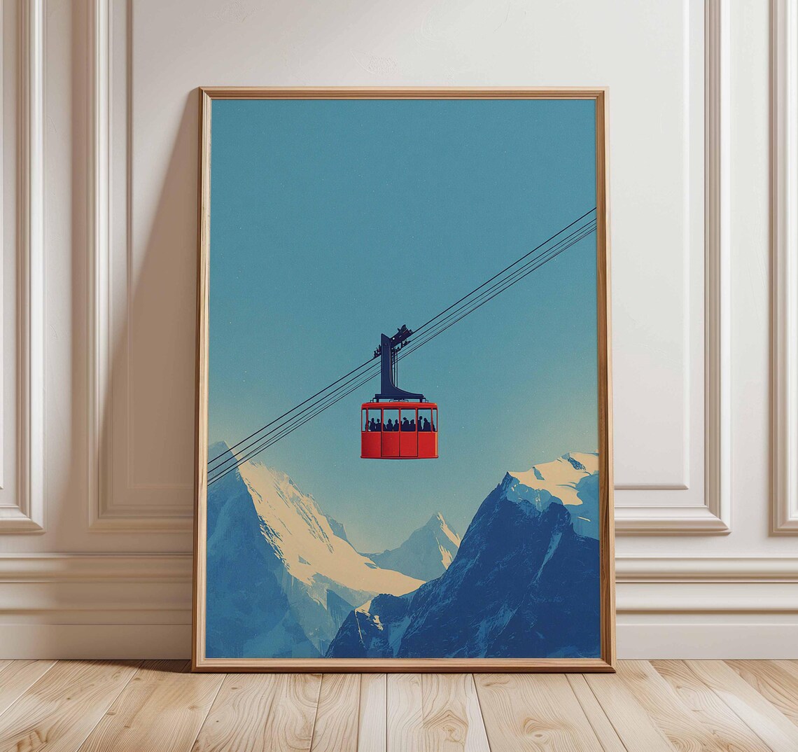 Red Ski Gondola, Minimalist Mountain Travel Poster