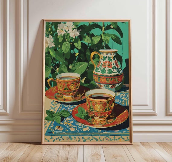 Moroccan Tea Poster Colorful Mint Cups Wall Art Oriental Kitchen Decor Print Floral Jug Cup Artwork Unframed Exotic Home