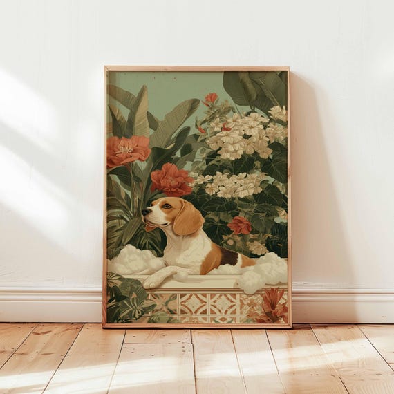 Beagle In Bathtub Poster Whimsical Dog Wall Art Floral Bathroom Print Vintage Botanical Animal Decor Cute Pet Lover Artwork Unframed
