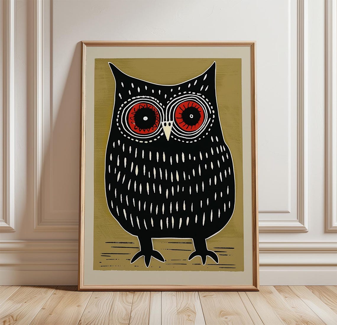 Folk Art Owl Black Red Minimal Scandinavian Style Animal Poster