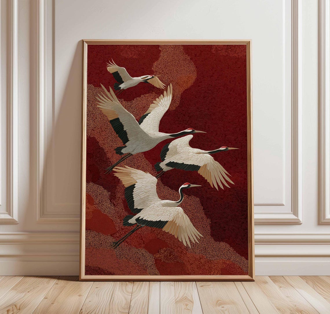 Red Crowned Cranes Flying Across Crimson Sky Japanese Art Poster