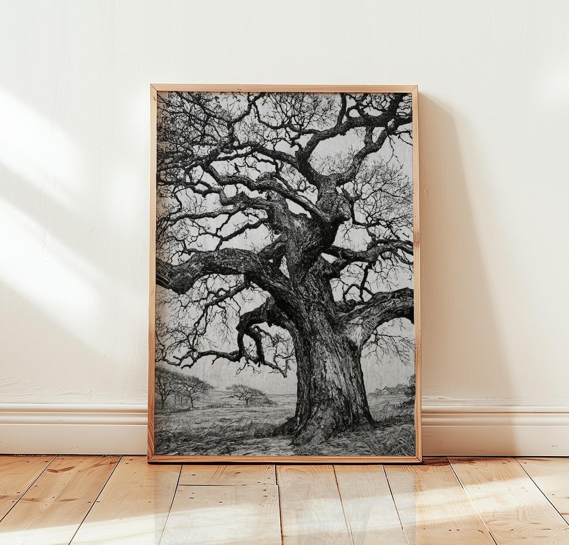 Gnarled Oak Tree Art Print, Botanical Nature Poster