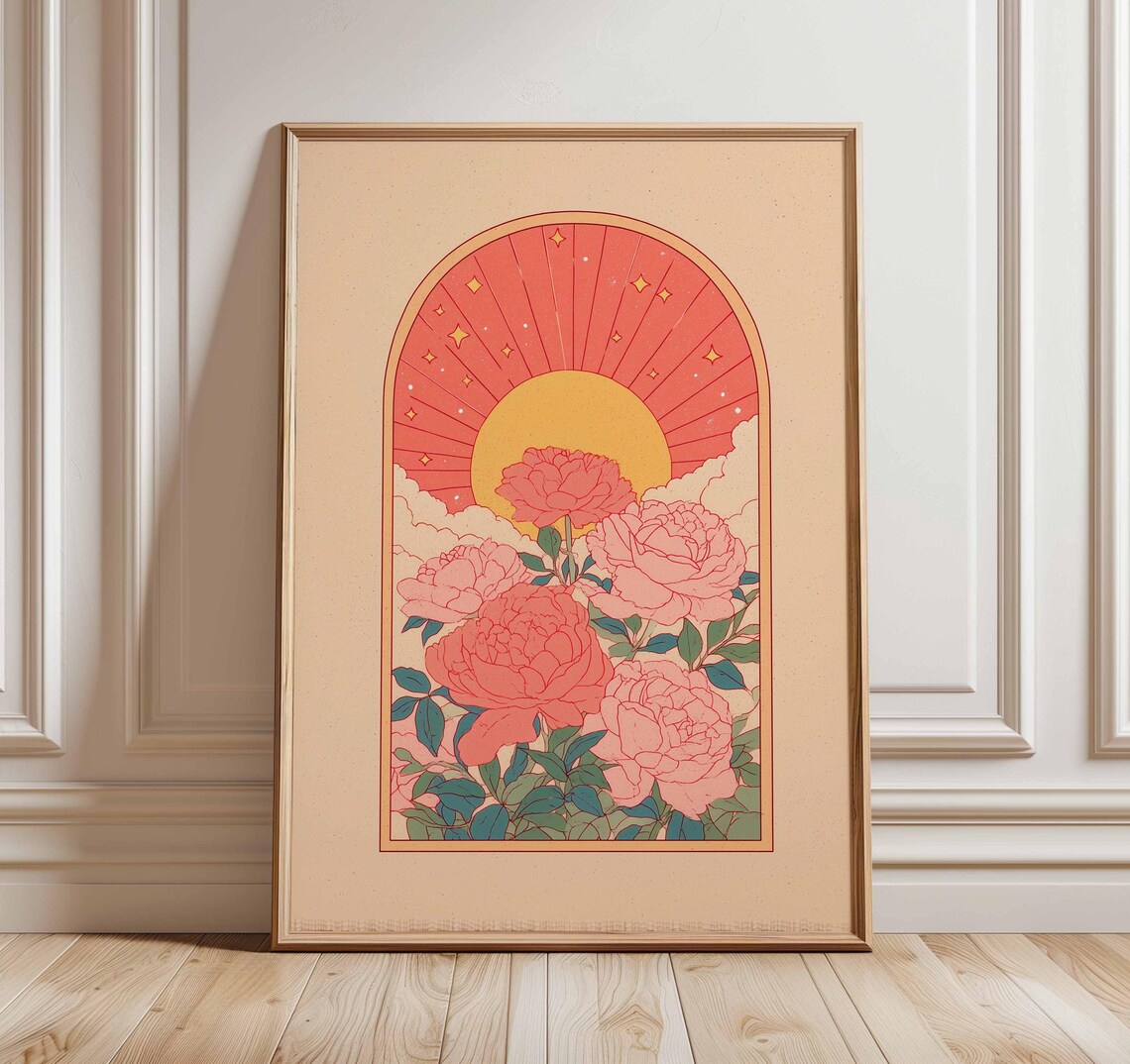 Sunrise Floral Retro Boho Peony Art Print