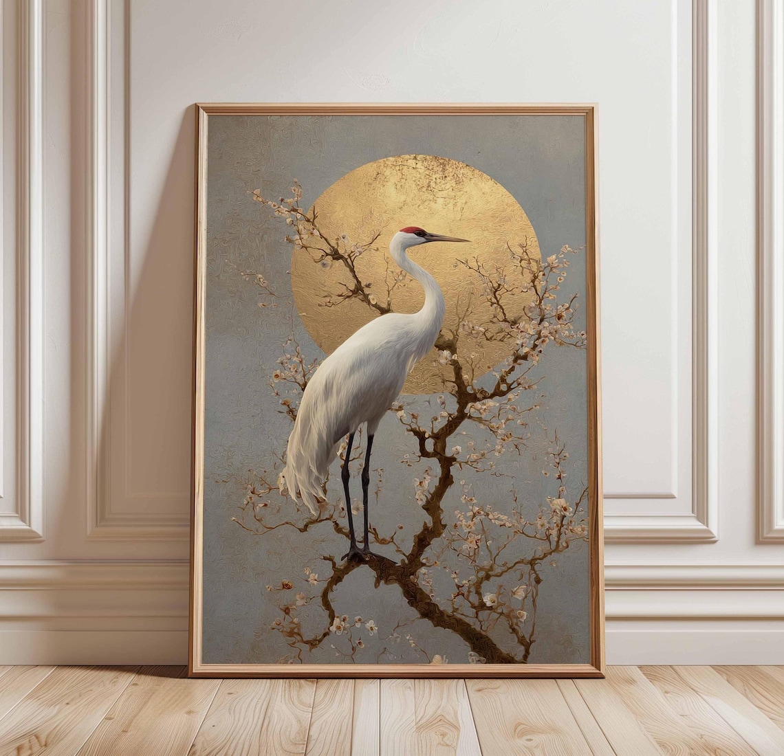 Golden Sun Crane, Japanese Heron Art Print