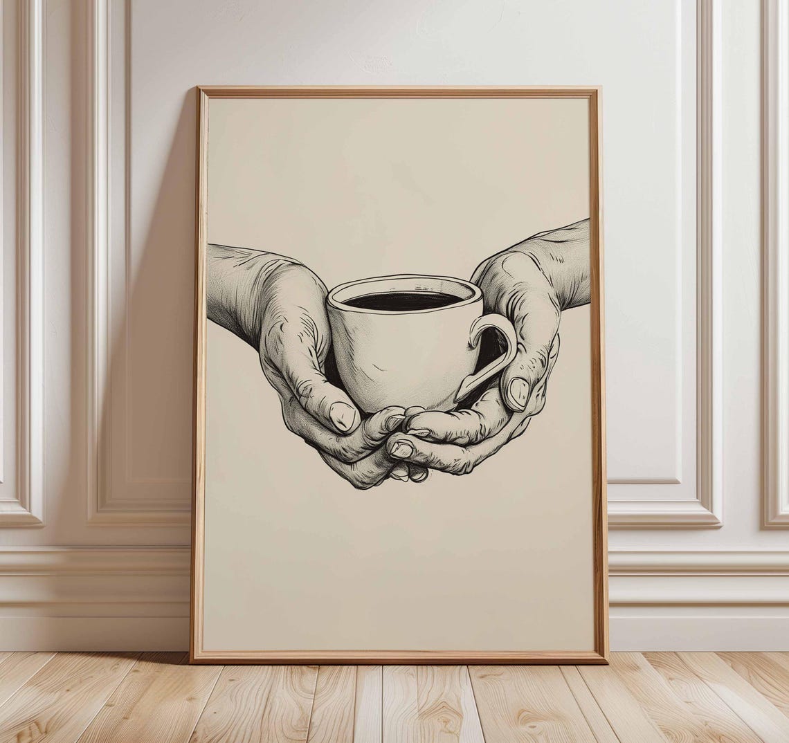 Hands Holding Coffee Cup Minimalist Black And White Art Poster